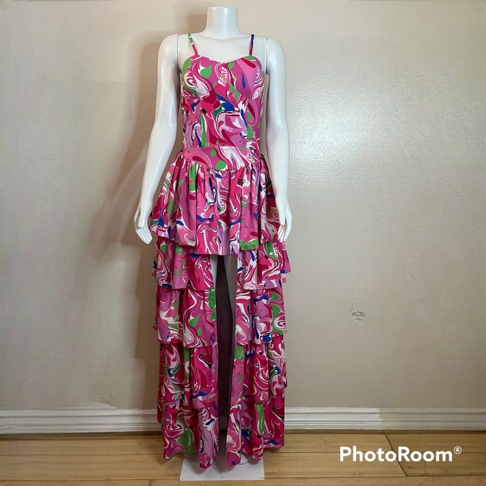 Bohemian pink multi ruffle high low maxi dress